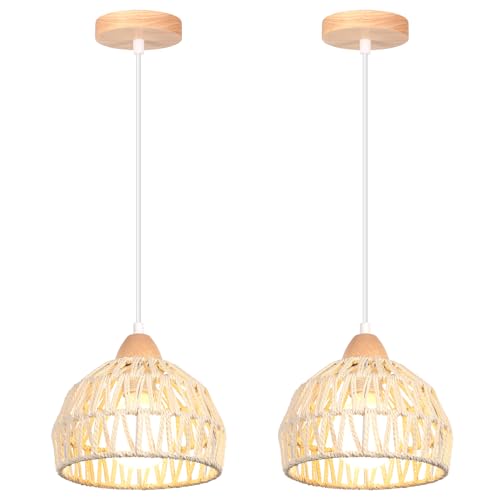 iDEGU 2 Pack Suspension Luminaire Vintage Lustre Industriel en Bois Rotin Abat-jour Plafonnier E27 Éclairage de Plafond Décoration Lampe Suspendue pour Salon...