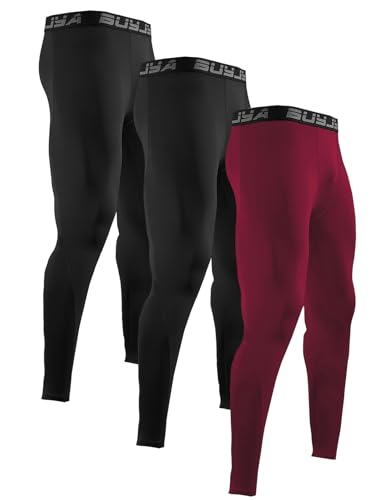 Image of BUYJYA 3 Pack Men's Compression Pants Running Tights Workout Leggings Athletic Cool Dry Yoga Gym Clothes Gift