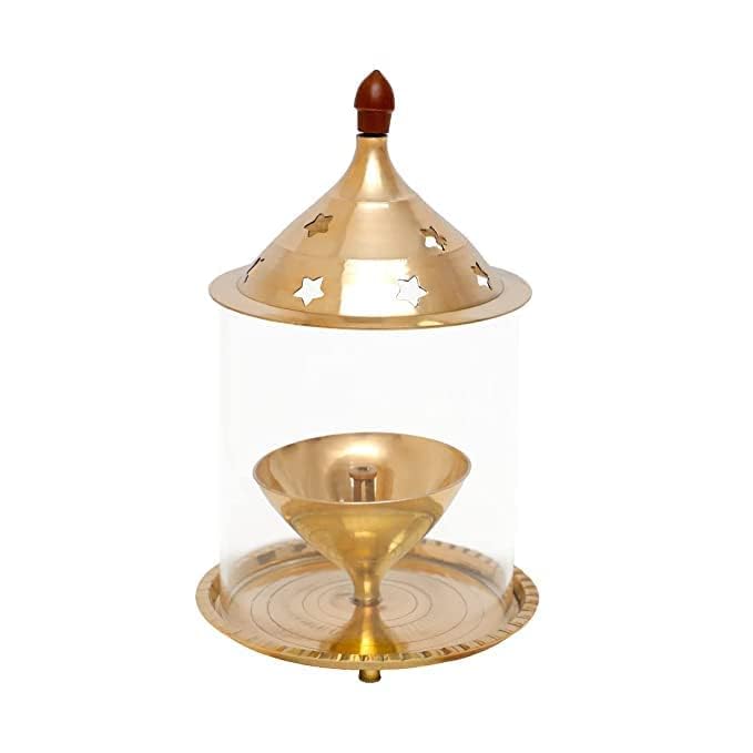 The World Decor 5 INCH Akhand Diya for Puja - Decorative Brass with Glass Cover, Tea Light Holder, Diwali (5INCH Diya)