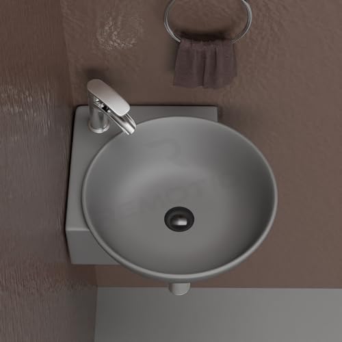 Image of REMOTION Wall Mounted Wash Basin for Bathroom | Wall Hung Corner Sink | Ceramic Round Wall Hung Wash Basin | Wall Hung Small Corner Basin (16.3 x 13.8 x 4.3 Inch) (Matte Grey)