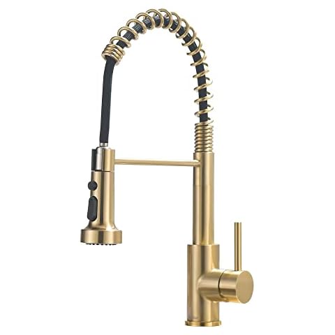 Gold Kitchen Tap, Kitchen Tap in Gold, 360° Swivel Gold Kitchen Taps with Hose, TOHLAR Single Lever Brushed Gold Mixer Tap with Pull Out Spray for Kitchen Sink Cold and Hot Fittings UK Standard Cover