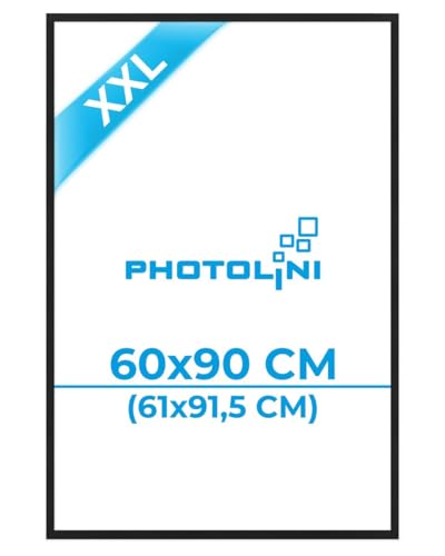 PHOTOLINI Bilderrahmen 60x90 schwarz, Holz MDF Poster-Rahmen 90x60, Bilderrahmen groß für Poster 61x91,5 cm mit bruchsicherem Acrylglas, zum Aufhängen & Zubehör, XXL-Rahmen für Fotos, Poster-Frame
