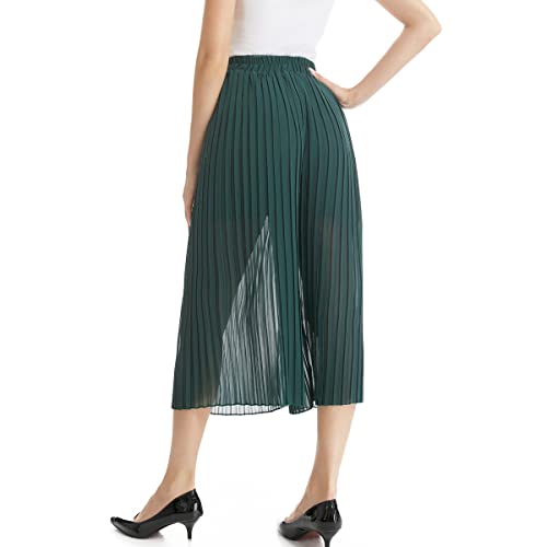 Teerfu Women's Wide Leg Dress Pant High Waist Casual Flowy Boho Trousers Pleated Chiffon Elastic Waist Pants Mid Calf Length Green #TOP7