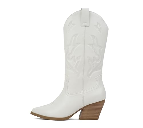 Soda Orville ~ Women Western Cowboy Stitched Pointe Toe Heel Ankle Mid Shaft Fashion Boots (WHITE PU, us_footwear_size_system, adult, women, numeric, medium, numeric_10)