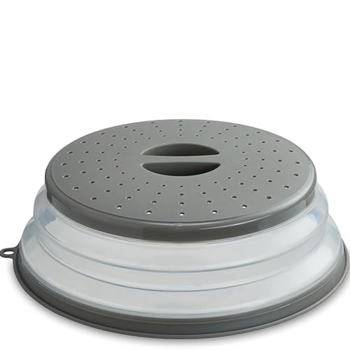 Microwave Splatter Cover for Food, Collapsible & Vented Silicone Splatter Guard Lid, BPA Free Plate & Dish Cover with Handle, Kitchen Gadget, Grey