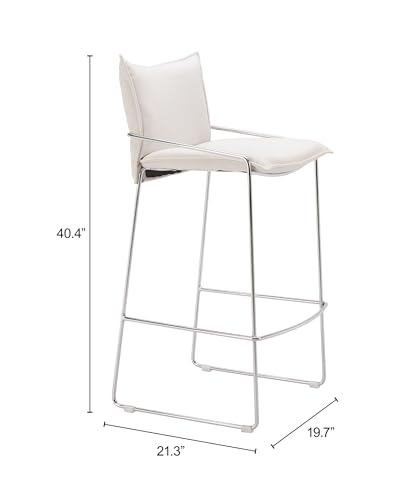 Zuo Pola Butaco Blanco, estilo Moderno, tela de lino sintético, acero cromado, asiento cómodo, 19.7" An x 21.3" Prof x 40.4" Alt miniatura 3