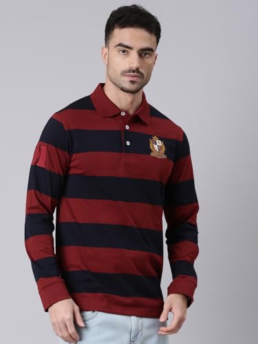 Image of Classic Polo Men's Full Sleeve Maroon /Black Polo Neck Slim Fit Colorblock Cotton T-Shirt