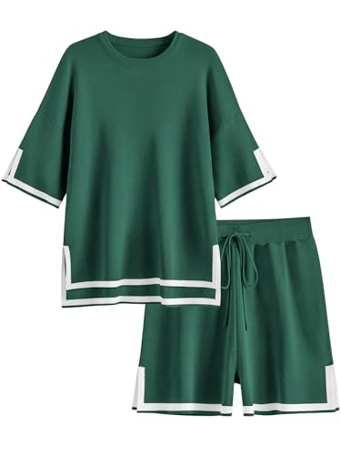 Image of Ekouaer Womens Knit Lounge Set 2 Piece Sweater Sets Short Sleeve Sweatsuit Pullover Tops