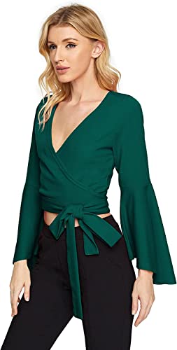 Image of TASHVIKA'S Women's Long Sleeve V Neck Tie Knot Wrap Blouse Top