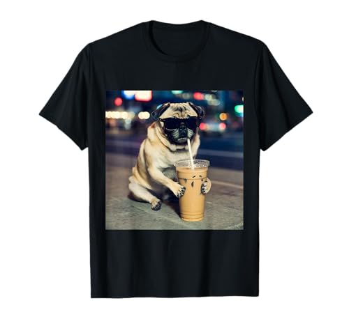 Pug Drinking Iced Coffee Lover Funny Animal Meme T-Shirt