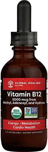 Global Healing Triple Activated B12 5000 mcg Organic Sublingual Liquid Vitamin Supplement | Methylcobalamin & Adenosylcobalamin & Hydroxo Blend for Long-Lasting Energy and Healthy Metabolism - 2 Fl Oz