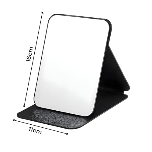 Image of Foldable Makeup Mirror with Stand Portable Travel Vanity Table Top Mirror for Women & Men | Rectangle 16x11cm PU Leather, Black, Adjustable & Compact (Black)