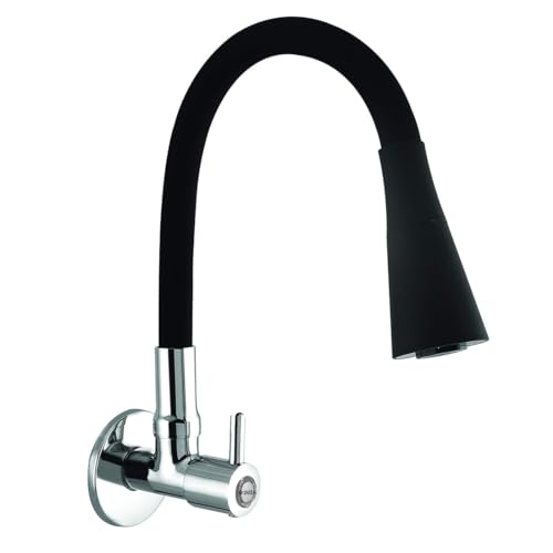 Image of HOUZA Brass Kitchen Sink Tap Faucet with Pull Down Sprayer | Kitchen Tap with 360 Degree Flexible Silicon Swivel Spout | Water Saving Aerated Dual Flow Kitchen Faucet for Sink (Chrome Finish, Black)