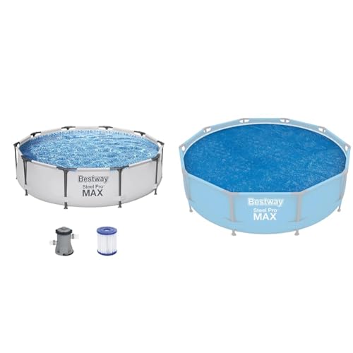 Bestway Steel Pro MAX Frame Pool-Set mit Filterpumpe Ø 305 x 76 cm, lichtgrau, rund & Flowclear™ Solarabdeckplane Ø 289 cm, für runde 305 cm Aufstellpools, blau
