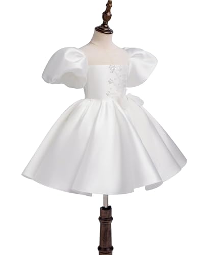 Satin Flower Girl Desses for Wedding Puff Sleeve Princess Pageant First Communion Dresses with Bow Knot3