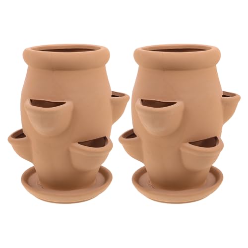 TOYANDONA Maceta de Cerámica con Forma de Fresa 2 Unidades Macetero Vertical con 6 Compartimentos para Cultivo de Suculentas y Fresas Ligera con Platillo para Jardín Balcón y Interior