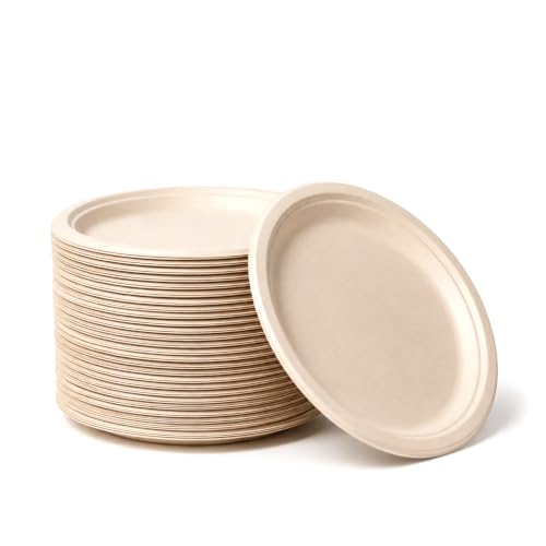 Image of Bonkaso 7 Inch, Pack of 50 Bagasse Disposable Round Plates (Beige)| Eco-Friendly Sugarcane Paper Plates | Biodegradable, Compostable & Sturdy | Ideal for Snacks, Desserts, Parties, Weddings & Events