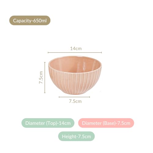 Nestasia Ceramic Bowls for Snacks - Dishwasher & Microwave Safe Bowl Set of 4, Ribbed Texture Serving Bowl Set for Rice, Dal, Vegetables, Fruits, Salad, Maggi & Noodles (Beige - 650ml)