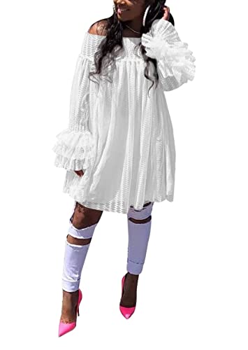 Aro Lora Damen Sexy Schulterfrei Flare Langarm Sheer Mesh Loose Swing Tunika Midikleid, Weiß, X-Groß Cover