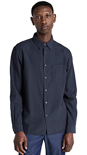 Club Monaco Men's Seersucker Stripe Shirt, Navy, M