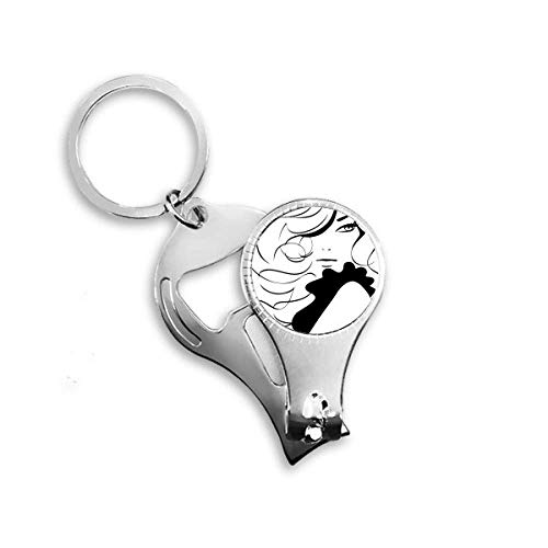 Décapsuleur coupe-ongles porte-clés avec silhouette élégante de femme aux longs cheveux