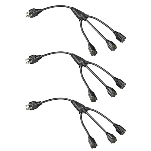 DEWENWILS Extension Cord Splitter 1 to 3, 18 Inch 16/3 Heavy Duty SJTW Wire, 3 Prong Indoor Power Splitter for Halloween Decor Christmas Lights, ETL Listed, Black, Pack of 3