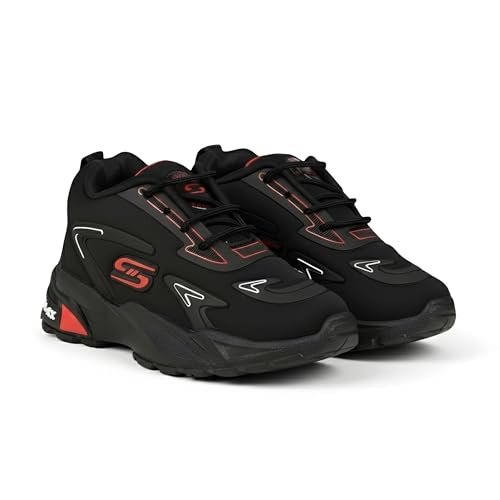Image of HOOH Kids Unisex Lace Up Sports Sneakers, Black with Red Accents, Comfortable Athletic Shoes for 12 Months to 10 Years
