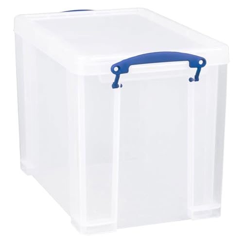 Image of Really Useful Box 19 Liter Plastic Stackable Storage Container w /Snap Lid & Built-in Clip Lock Handles for Home & Office Organization, Clear (4 Pack)