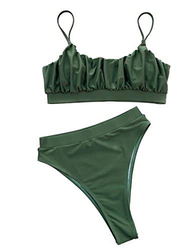 Lilosy Cute Ruched High Waisted Tummy Control Bikini Ribbed Sporty Brazilian Swimsuit Set Women Highwaisted Cheeky Cut Leg Bottom Crop Top 2 Piece Bathing Suit Army Green Large - Image 3