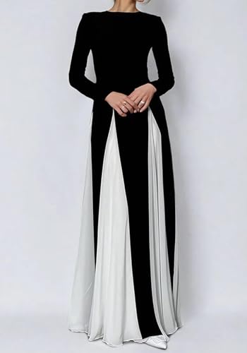 Unybwonn Wedding Guest Dresses for Women Elegant Patchwork Pleated Swing Long Dress Color Block Formal Flowy Maxi Dress2