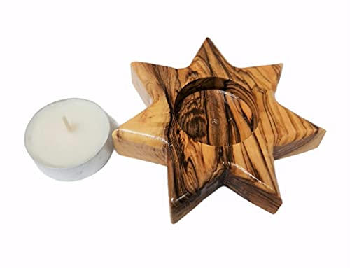 Bethlehem Star Hand Made Authentic Olive Wood in Bethlehem holy Land Size 10cm with White Candle