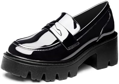Black Penny Loafers for Women - Women's Slip-On Platform Patent L...