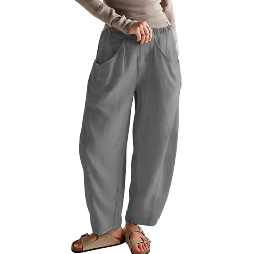 Womens Casual Cotton Linen Wide Leg Long Pants Spring Summer Loose Elastic Waist Solid Plus Size Trousers with Pockets