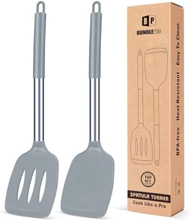 Pack of 2 Silicone Solid Turner,Non Stick Slotted Kitchen Spatulas,High Heat Resistant BPA Free Cooking Utensils,Ideal Cookware for Fish,Eggs,Pancakes (Gray)