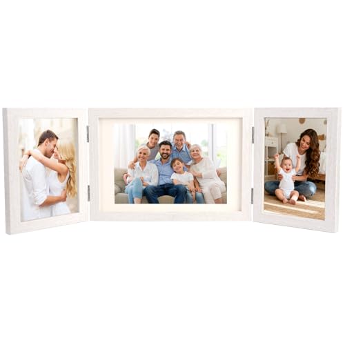 AetherAurora Triple Bisagra Marcos de Fotos Plegable Marco 3 Fotos,10x15cm &15x20cm, Portafotos Múltiple Plegable con Panel Cristal, Regalos de Boda, para Bodas, Regalos Familiares y Amigos (Blanco)