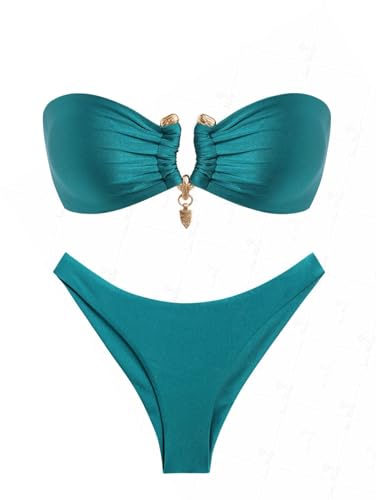 seamoly Ruched U-Ring Metal Tied Back Bandeau Top & Brazilian