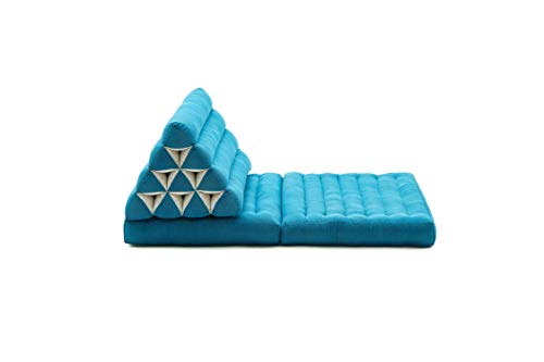 Leewadee Foldout Triangle Thai-Cushion Floor-Seat with Back-Rest TV Pillow Lounge-r Foldable Out-Door Mattress, 45x20x16 inches, Kapok, Light Blue