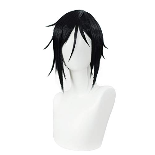 Anime Short Straight Black Wig with Bangs for Male Mens Spiky Cosplay Wig for Halloween + Free Cap