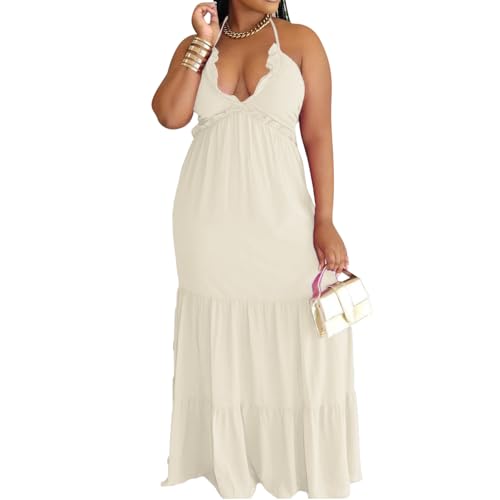 Image of TOPSRANI Womens Sleeveless Maxi Dress Halter Casual Backless Smocked Tiered Ruffle Flowy Sexy Slip Sling Strap Dresses