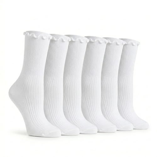 Image of Tipi Toe Women's 6 Pairs Quarter Crew Socks - Lightweight Solid Color Turn-Cuff Ruffle Lettuce Edge Dress Socks, Size 9-11