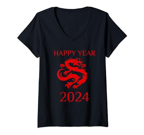 Happy New Year Chinese 2024 Dragon Chinese Zodiac Tee Maglietta con Collo a V