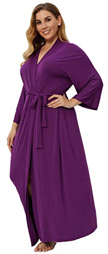 Women's Plus Size Cotton Kimono Robes Soft Long Knit Bathrobes Lightweight Sleepwear V-Neck Ladies Loungewear