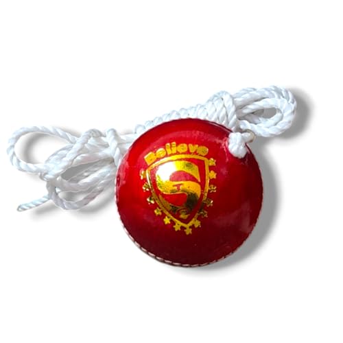 Image of Leather Cricket Shot Practice Hanging Ball, String Cricket Ball and Knocking Cricket Ball with Rope, RED, Pack of 1 (Red)