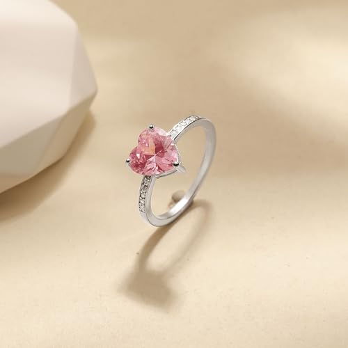 Dainty 925 Sterling Silver Pink Heart Promise Ring for Women Mother Heart Shaped Pink Cubic Zirconia Statement Ring to Daughter Eternity Engagement Rings Band Purity Ring Ladies Wedding Jewelry Gift 6