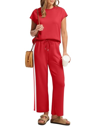 Image of Sampeel Two Piece Sets for Women Summer Vacation Outfits Cap Sleeve Tops Lounge Matching Sets Clothing Beach Fashion Clothes