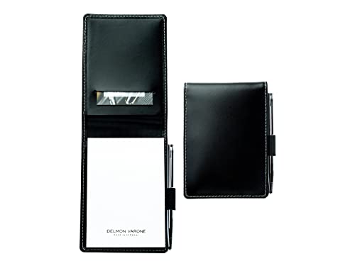 DELMON VARONE - Personalisierbares Notizblock Etui DIN A7 Cambridge Leder schwarz - Reporterblock Lederetui 1 x Mini-Kugelschreiber & 2 x Blanko Block (unliniert) Notiz-Block mit Stiftschlaufe