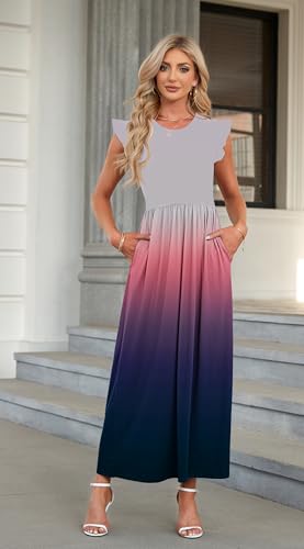 AUSELILY Damen Sommer Rundhalsausschnitt Maxi Kleid mit Taschen Kurzarm und Rüschen Lässiges Hohe Taille Langes Lockeres Bodenlanger Rock Grau Rosa M 2
