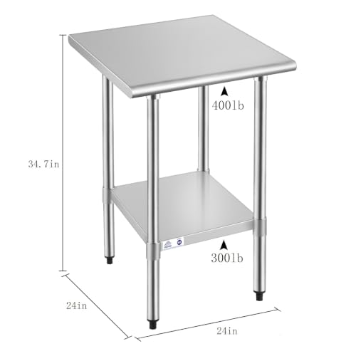 Image of ROCKPOINT Stainless Steel Table for Prep & Work 24x24 Inches, NSF Metal Commercial Kitchen Table with Adjustable Under Shelf and Table Foot for Restaurant, Home and Hotel