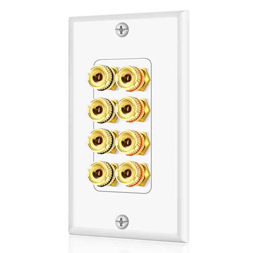 TNP Home Theater Speaker Wall Plate Outlet - 4 Speaker Sound Audio Distribution Panel Gold Plated Copper Banana Plug Binding Post Connector Insert Jack Coupler (4 Pair, Single Gang, White)