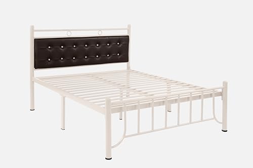 Image of Zuno Metal Queen Size Bed Without Storage | Wrought Iron Double Bed with Headboard & Footboard | Sturdy Powder Coated Platform Bed Queen Size Cot for BedroomLivingRoom Ivory (75x60)